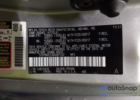 2022 Toyota Sienna Xle z USA, uszkodzony, nr VIN 5TDYRKEC2NS087332